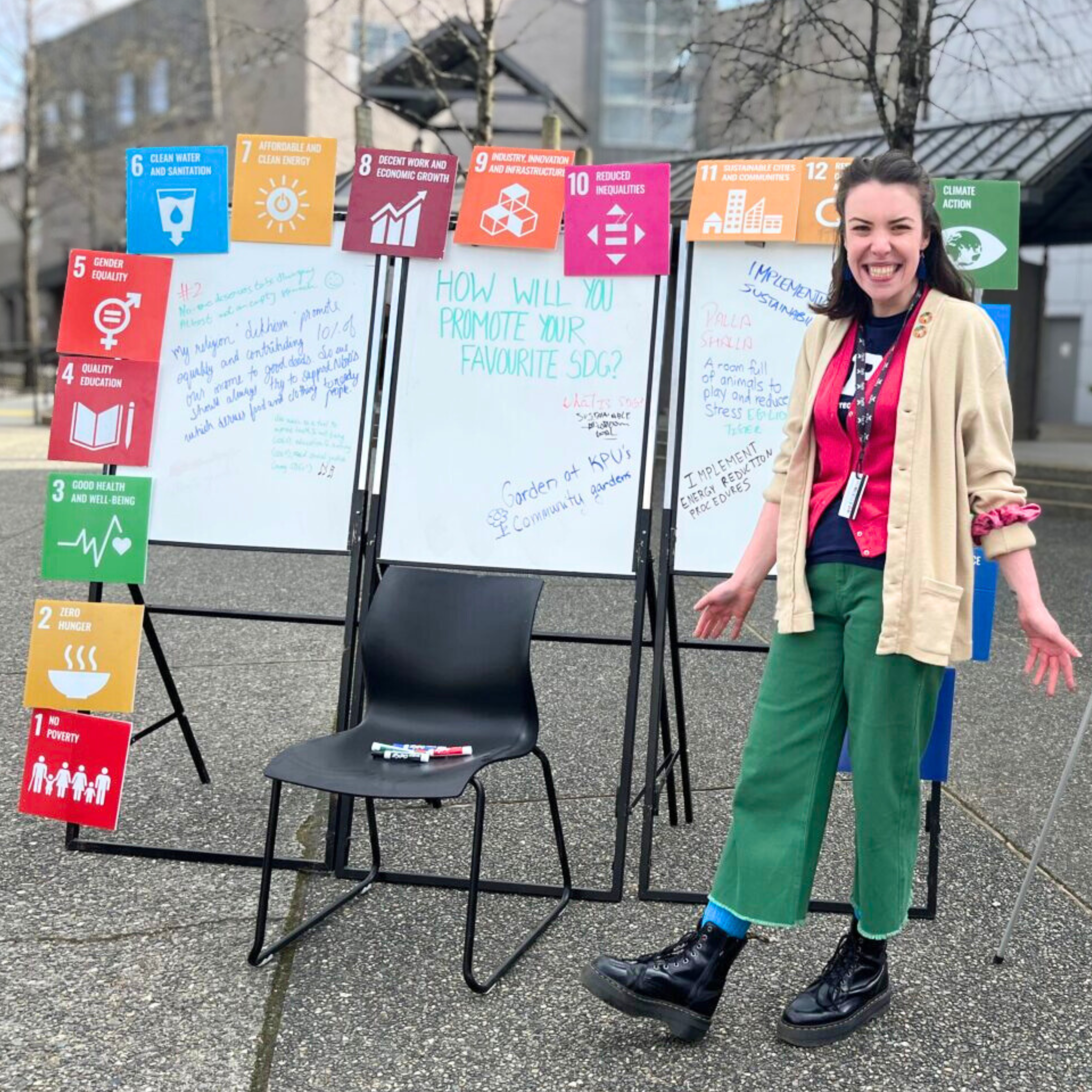 women standing infront of three whiteboards with colourful squares posted around the perminiter